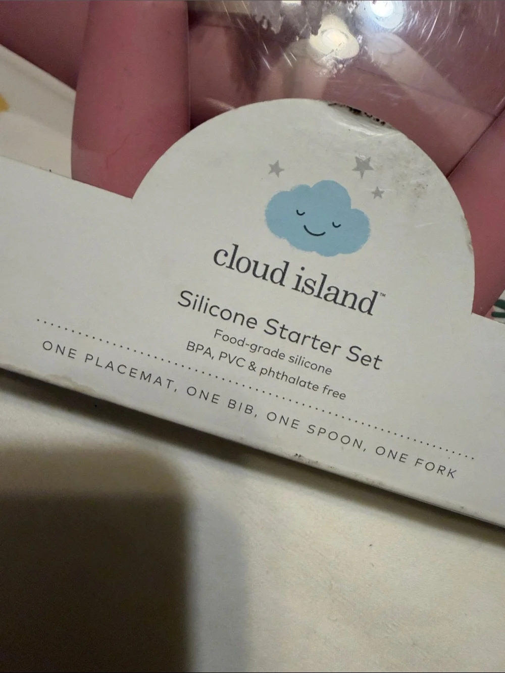 cloud island pink silicone bib and utensils set with floral accents